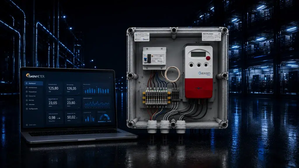 Submetering con Axon Meter BOX de Axon Time conectado a TwinMeter para monitorizar consumos eléctricos por circuito en tiempo real.