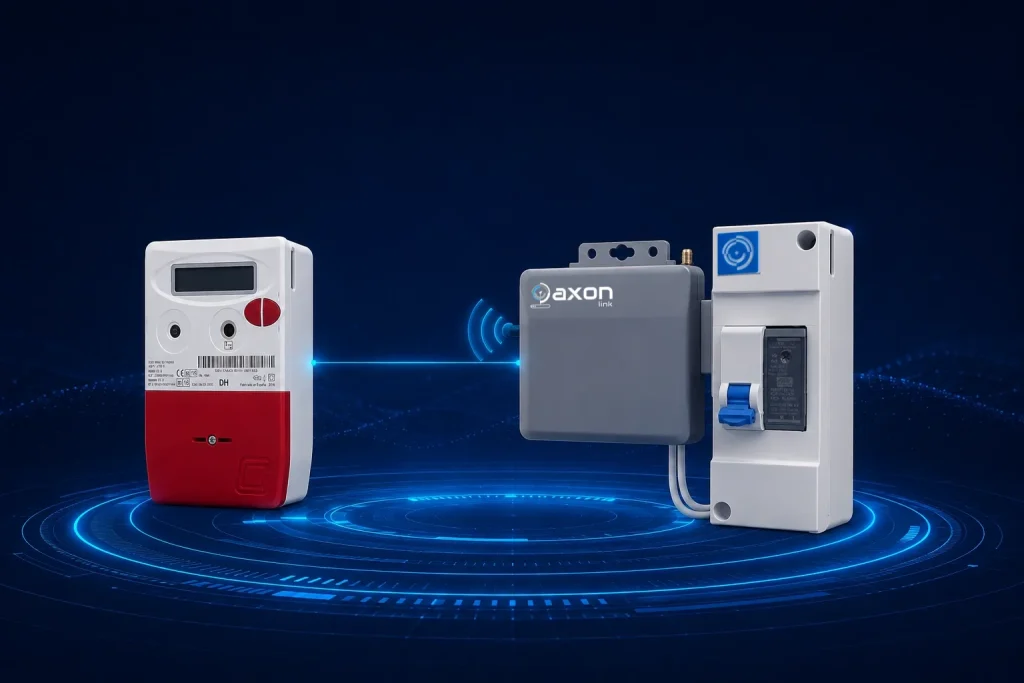 Contador fiscal Axon Meter y equipo AxonLink conectados para ofrecer un servicio integral de telemedida